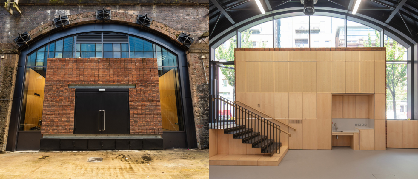 HOME Arches, a new community artistic hub, showing its main red-bricked entrance and its interior showing a contemporary naturally-lit space