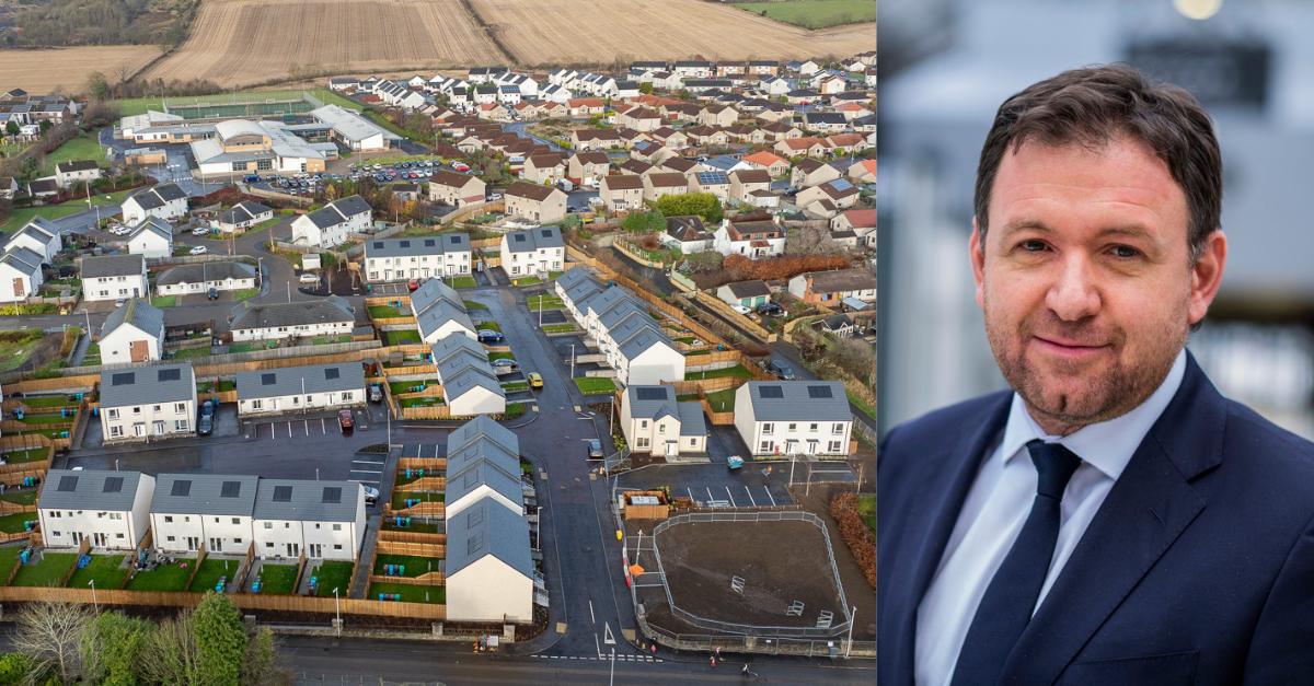 Robertson Group CEO Elliot Robertson headshot with image of Kennoway housing development by Robertson Partnership Homes