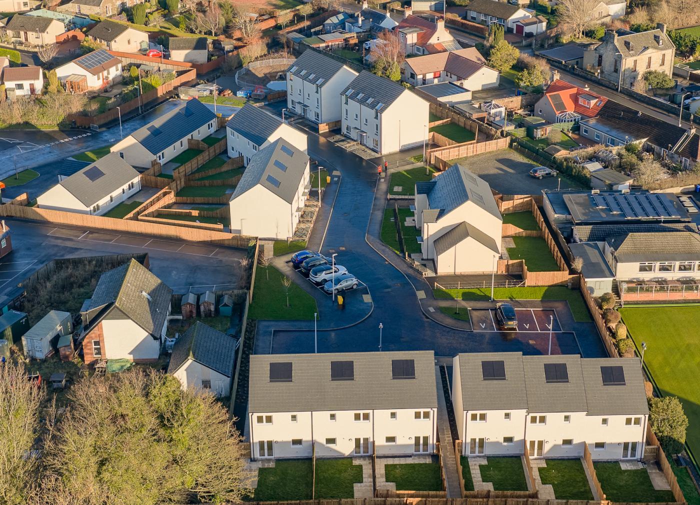 Aerial view of Langside Crescent Phase 2 in Kennoway, delivered by Robertson for Fife Council