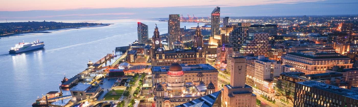 Panoramic aerial image over river Mersey showing Liverpool City