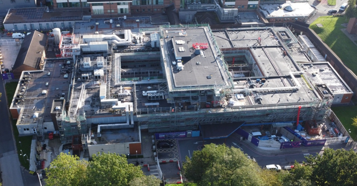 Drone image of Royal Bolton Hospital with construction works ongoing to the Princess Anne Maternity and Women's Health Unit, captured September 2026
